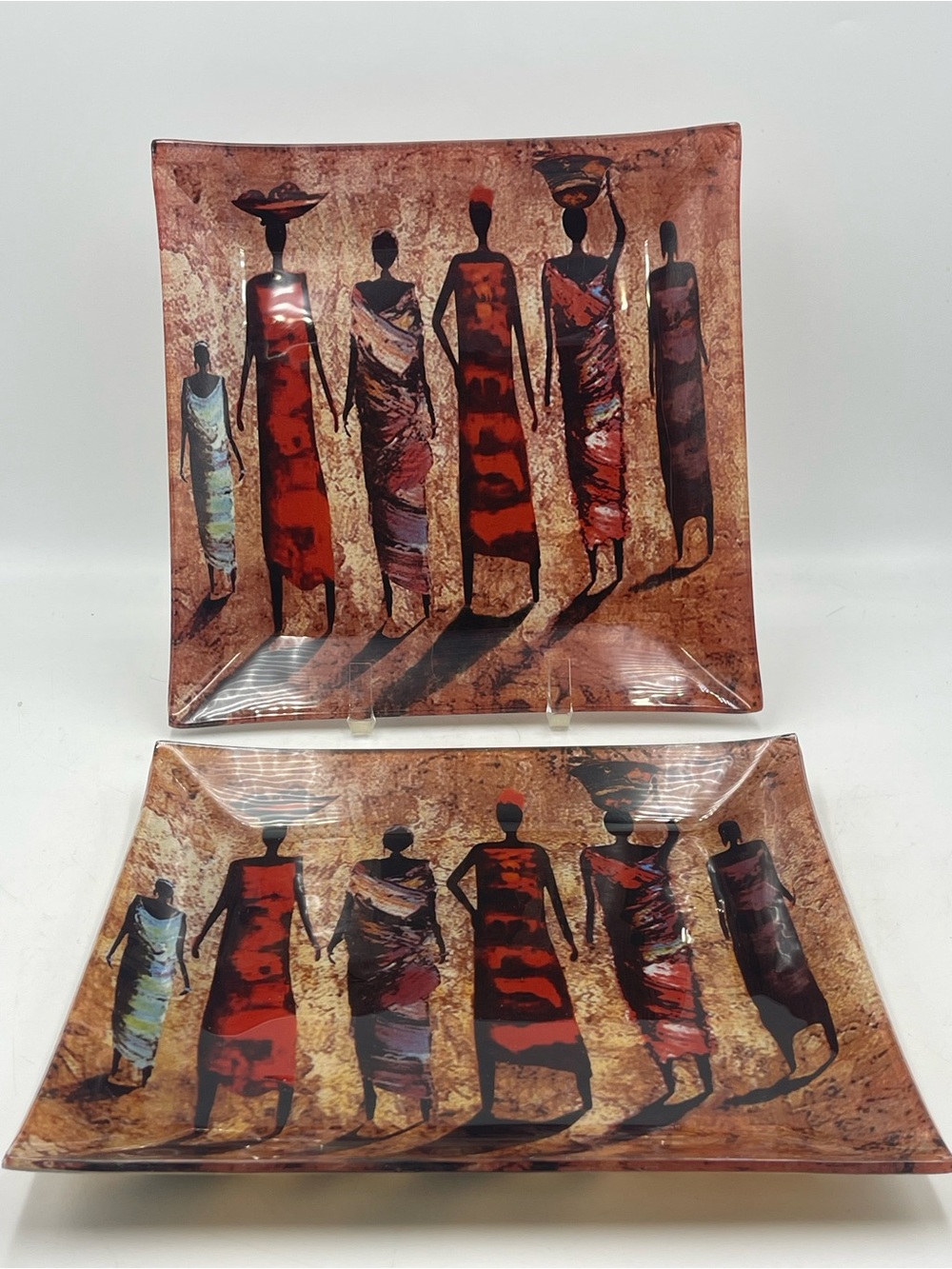 Fused Glass Decorative Tray 2pc Set
"African Tribal Women Silhouette" Browns Red